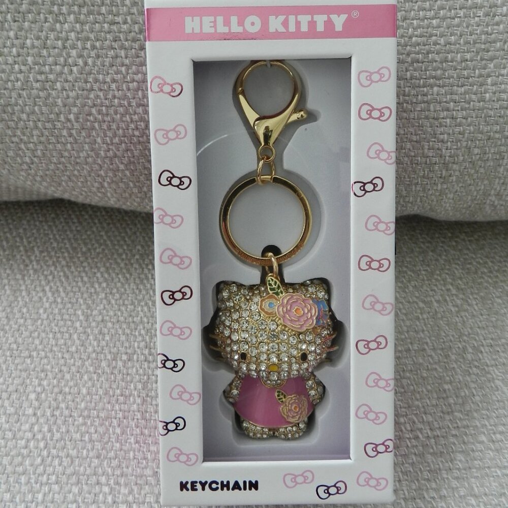NEW Viral Hello Kitty Pink Rose Dress Rhinestone Crystal Keychain Bag Charm